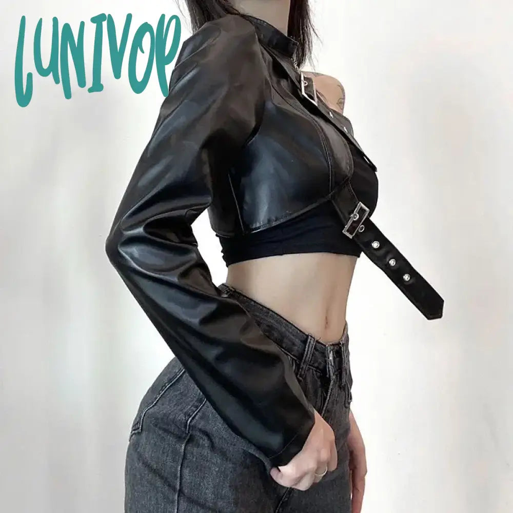 Lunivop Gothic Black Leather Jacket Punk Techwear Crop Tops Sexy Streetwear One Shoulder Fall