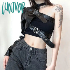 Lunivop Gothic Black Pu Leather Jacket Women One Shoulder Halter Buckle Hip Hop Fashion Streetwear