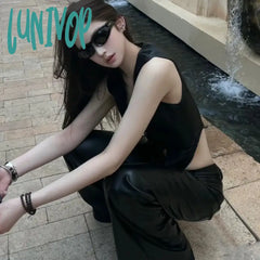 Lunivop Gothic Style Black Cropped Leather Vest Women 2024 Summer Vintage Y2K Sexy Fashion