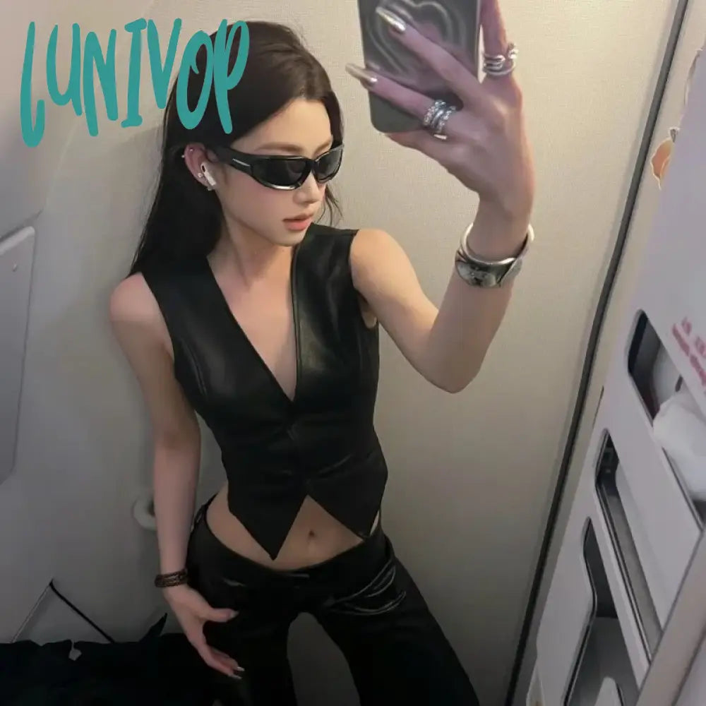 Lunivop Gothic Style Black Cropped Leather Vest Women 2024 Summer Vintage Y2K Sexy Fashion