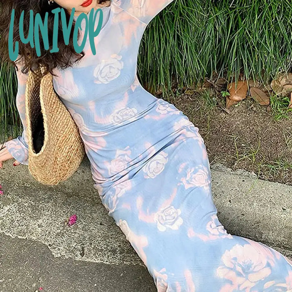 Lunivop Gradient Mesh Printing Long Dress For Women Sexy High Waisted Bell Sleeve Luxury Evening