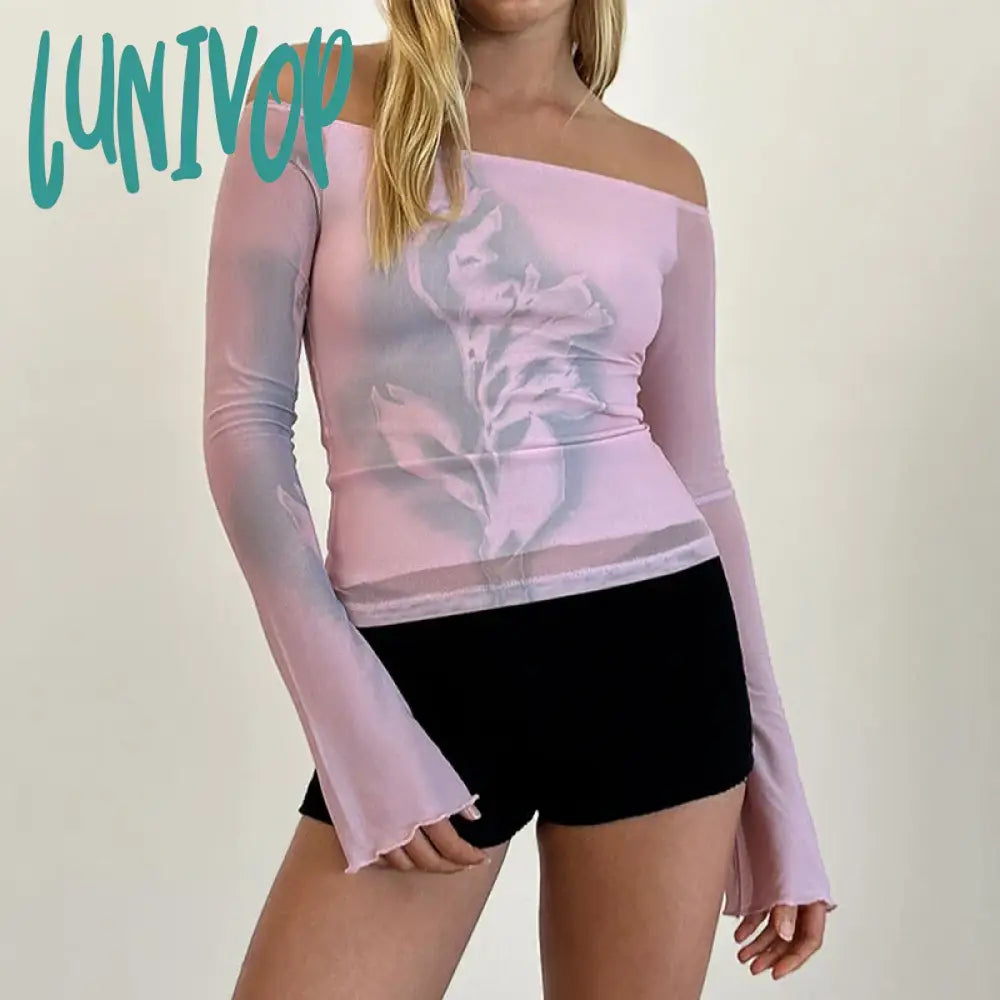 Lunivop Graphic Grunge Print Mesh Sheer T-Shirt Women Coquette Off Shoulder Full Sleeve Tees Y2K
