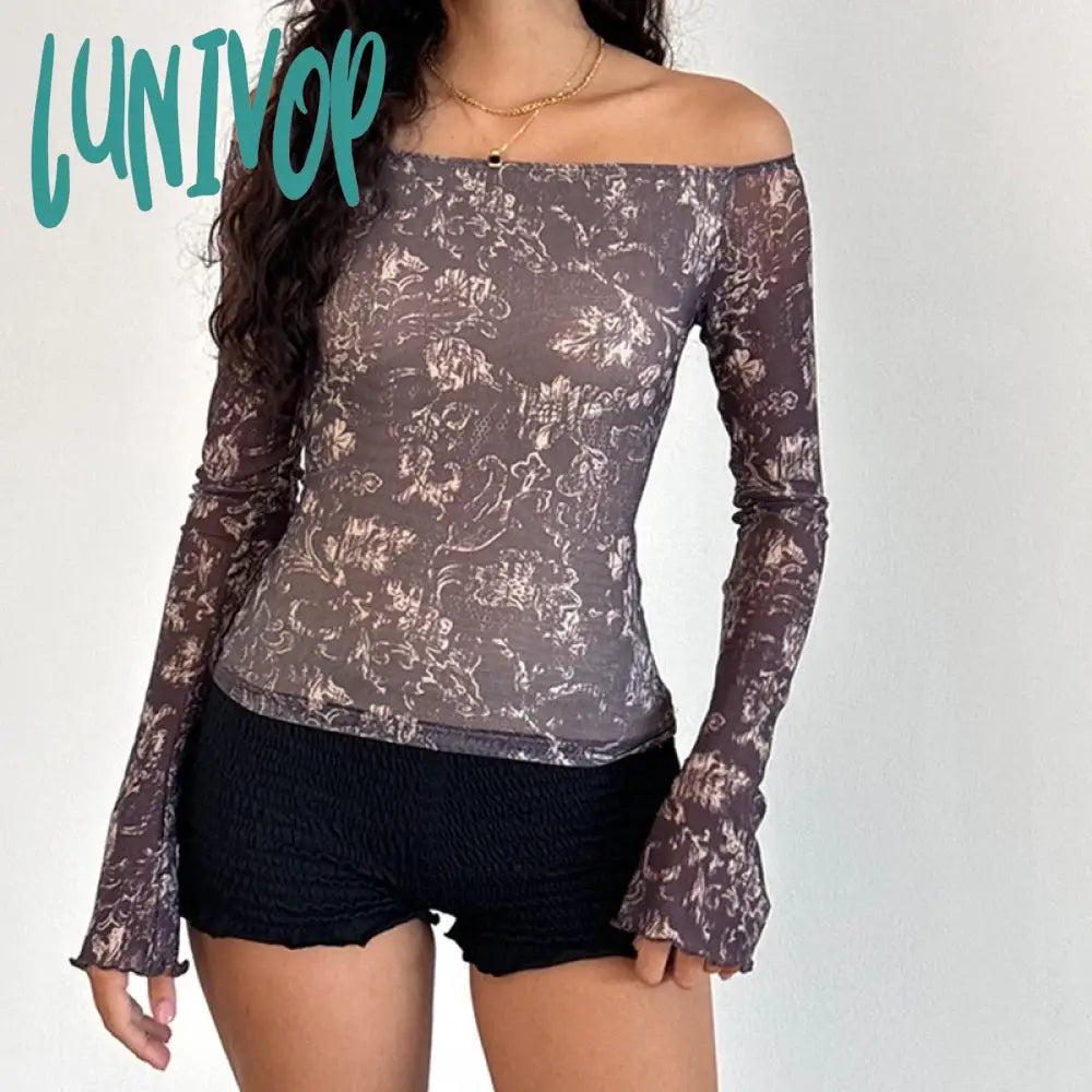 Lunivop Graphic Grunge Print Mesh Sheer T-Shirt Women Coquette Off Shoulder Full Sleeve Tees Y2K