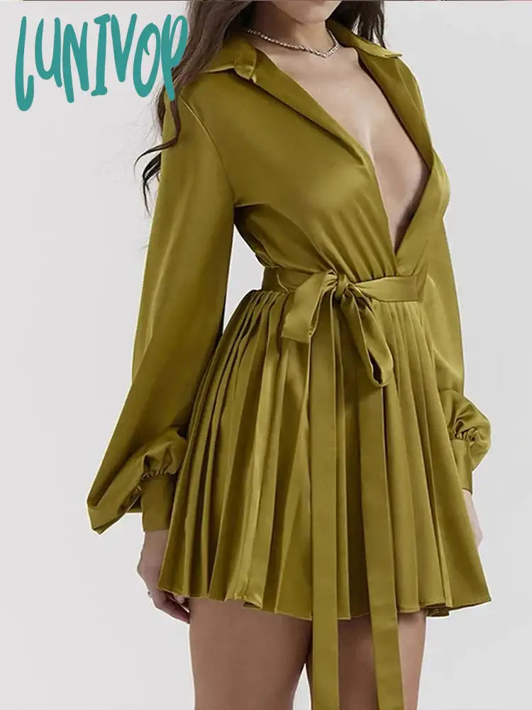 Lunivop Green Pleated Silk Mini Dress For Women Fashion V-Neck Long Sleeve Lace Up A-Line Dresses