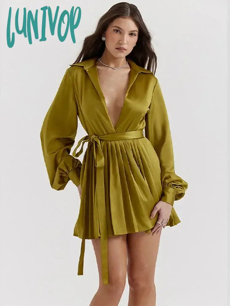 Lunivop Green Pleated Silk Mini Dress For Women Fashion V-Neck Long Sleeve Lace Up A-Line Dresses