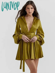 Lunivop Green Pleated Silk Mini Dress For Women Fashion V-Neck Long Sleeve Lace Up A-Line Dresses