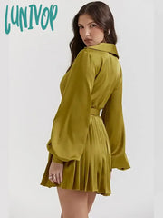 Lunivop Green Pleated Silk Mini Dress For Women Fashion V-Neck Long Sleeve Lace Up A-Line Dresses