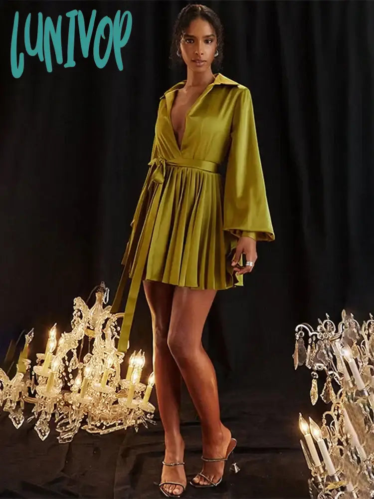 Lunivop Green Pleated Silk Mini Dress For Women Fashion V-Neck Long Sleeve Lace Up A-Line Dresses