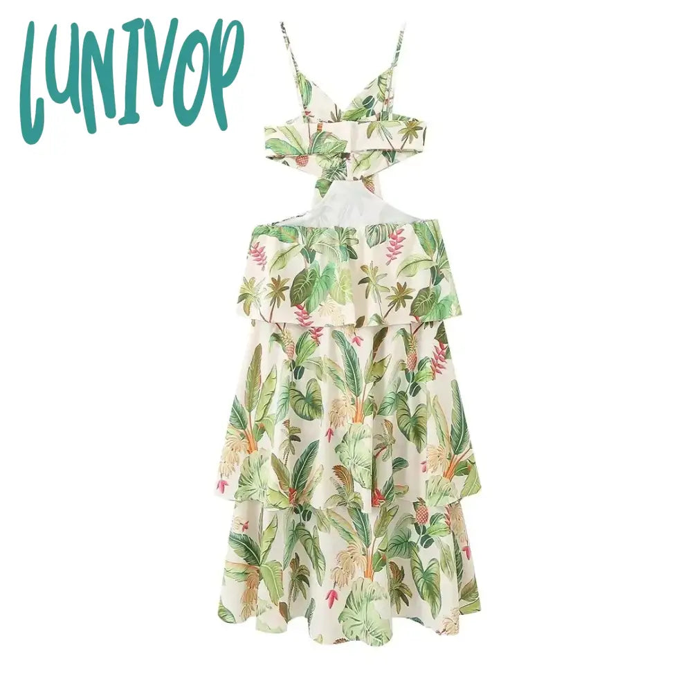Lunivop Green Printed Hollow Out Layered Long Maxi Dress Women Elegant Off Shoulder Lace Up