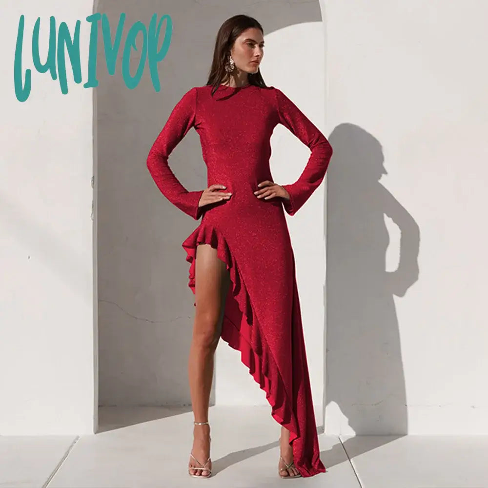 Lunivop Green Ruffle Maxi Dress Women Fashion Shiny Long Sleeve Slim Evening Party Dresses Autumn