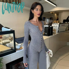 Lunivop Grey Black One Piece Knit Stretch Jumpsuit Button Up Long Sleeve Bodycon Romper Comfy Fall