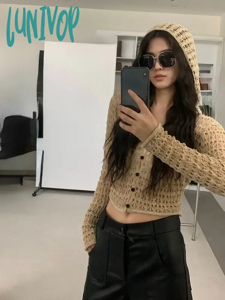 Lunivop Grunge Thin Hollow Out Vintage Sexy Cardigan Coats 2024 Hooded All Match Knitted Sweaters