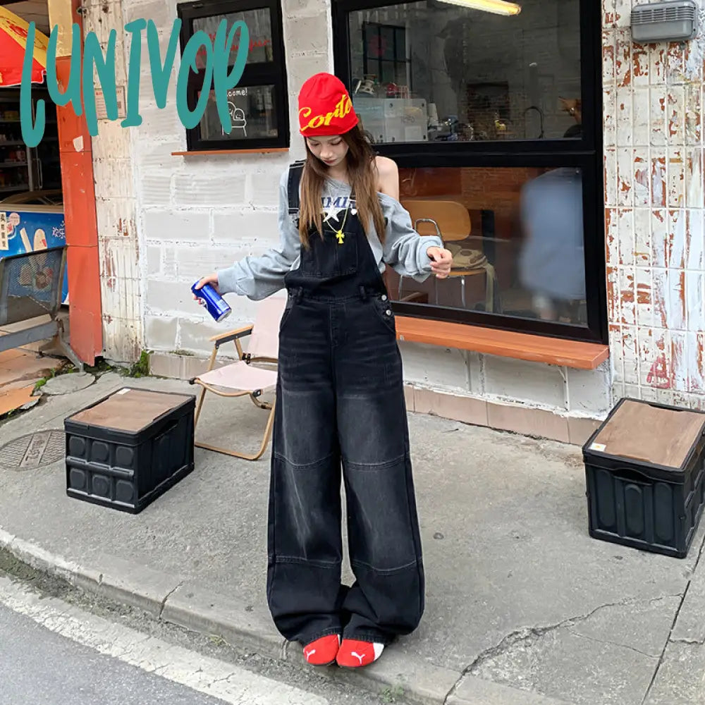 guys clothing styles Attention Time Retro Wide Leg Denim Suspender Pants Women's Autumn and Winter New Loose Slimming Lazy Loose Mopping Pants