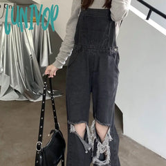 guys clothing styles Black and Gray Ripped Denim Suspender Pants Women's Korean-Style High Waist Loose Slimming Straight Wide-Leg Pants 