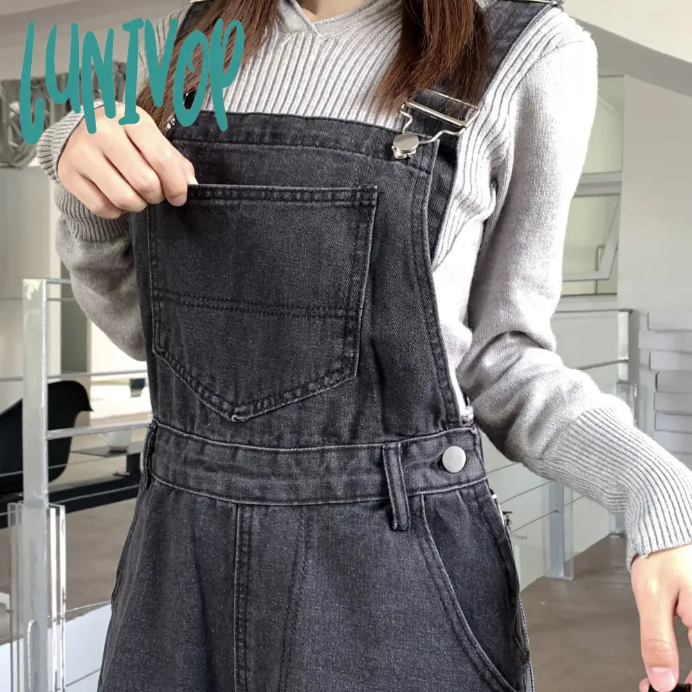 guys clothing styles Black and Gray Ripped Denim Suspender Pants Women's Korean-Style High Waist Loose Slimming Straight Wide-Leg Pants 