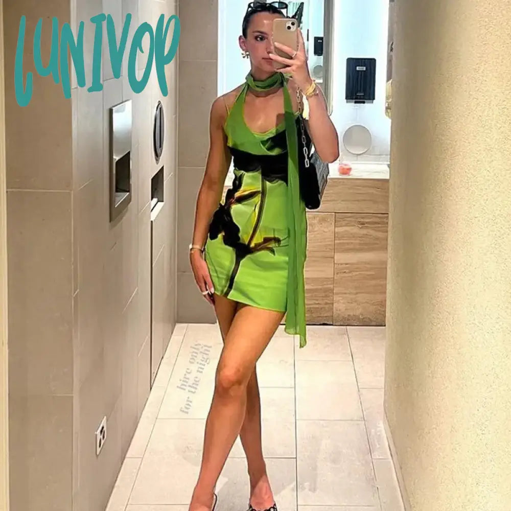 Lunivop Halter Backless Mini Dress Beach Vacation Outfits Sexy Green Floral Summer Dresses For