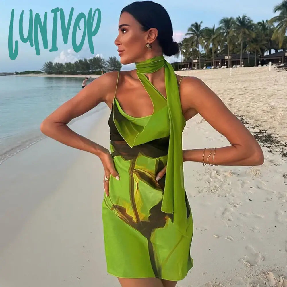 Lunivop Halter Backless Mini Dress Beach Vacation Outfits Sexy Green Floral Summer Dresses For