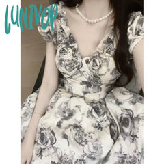 harajuku fashion dress to impress Ink Rose Three-Dimensional Flower Pettiskirt Women's Summer 2024 New French Style Small Waist-Tight Temperament Dress