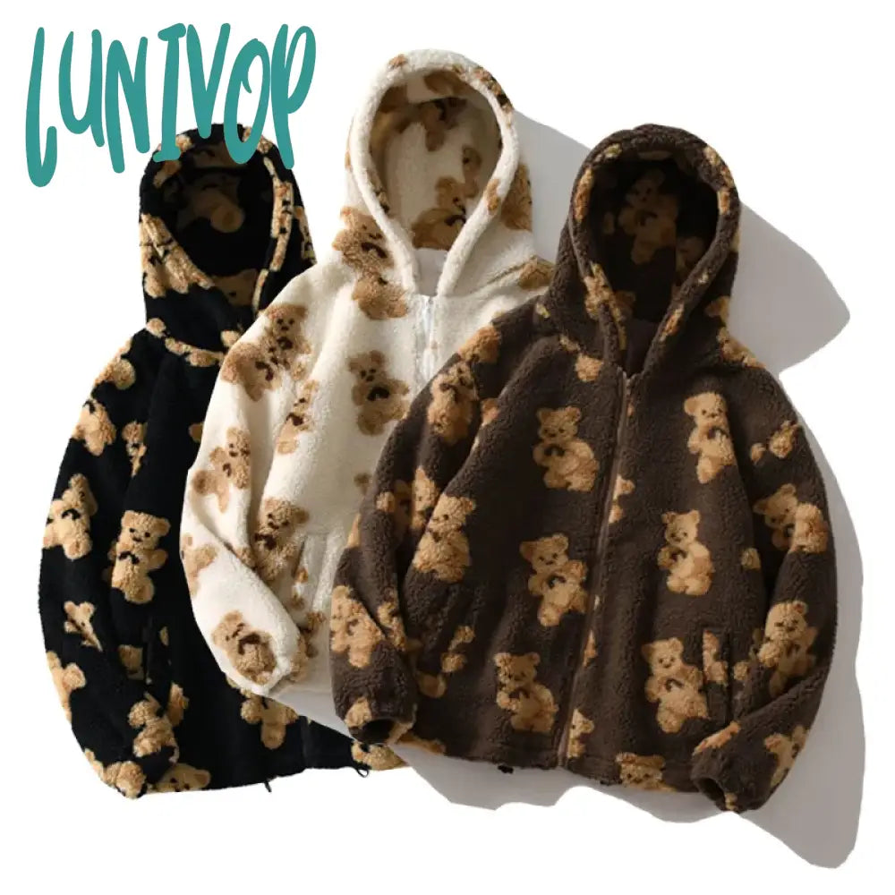 Lunivop Harajuku Heart-Shaped Print Plush Jacket Women Winter Korean Long Sleeve Zip Up Hooded Coat