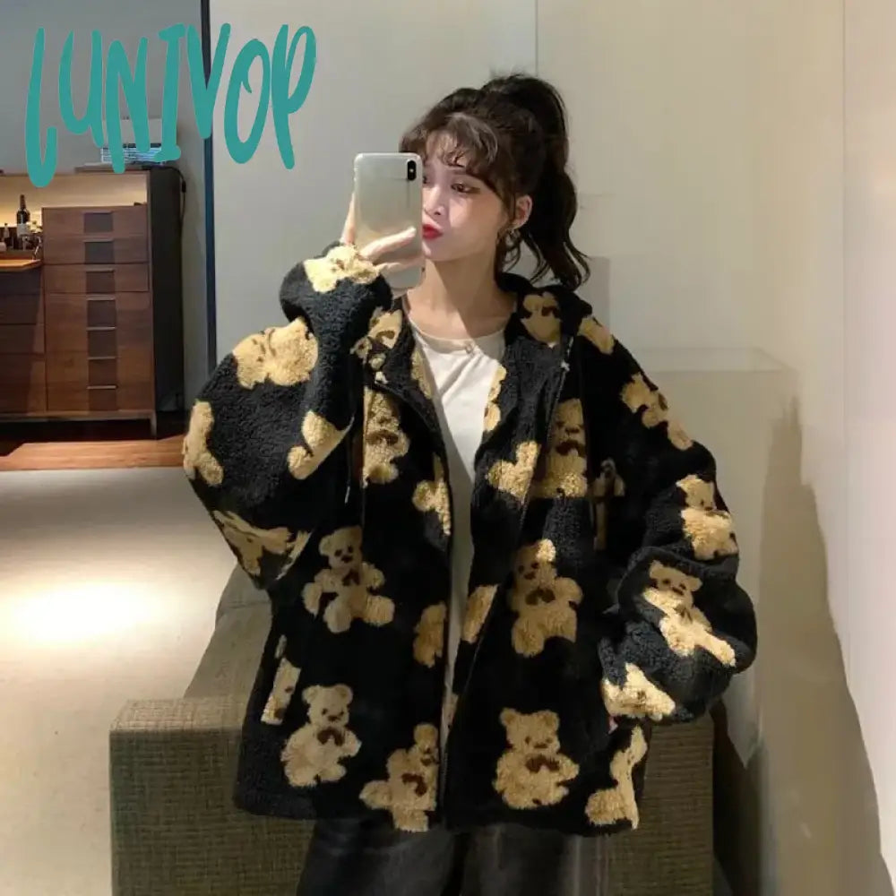 Lunivop Harajuku Heart-Shaped Print Plush Jacket Women Winter Korean Long Sleeve Zip Up Hooded Coat