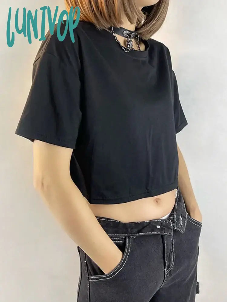 Lunivop Harajuku Lace Butterfly Crop Tshirts Women Vintage Streetwear Sexy Black Mesh Tops