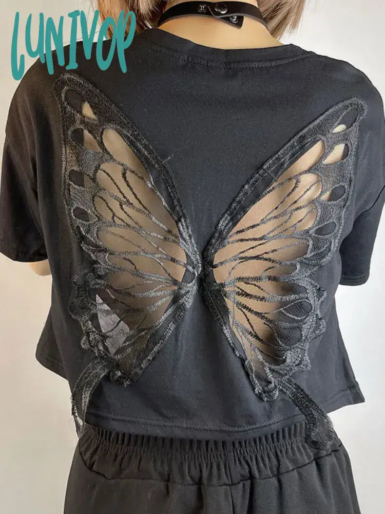 Lunivop Harajuku Lace Butterfly Crop Tshirts Women Vintage Streetwear Sexy Black Mesh Tops