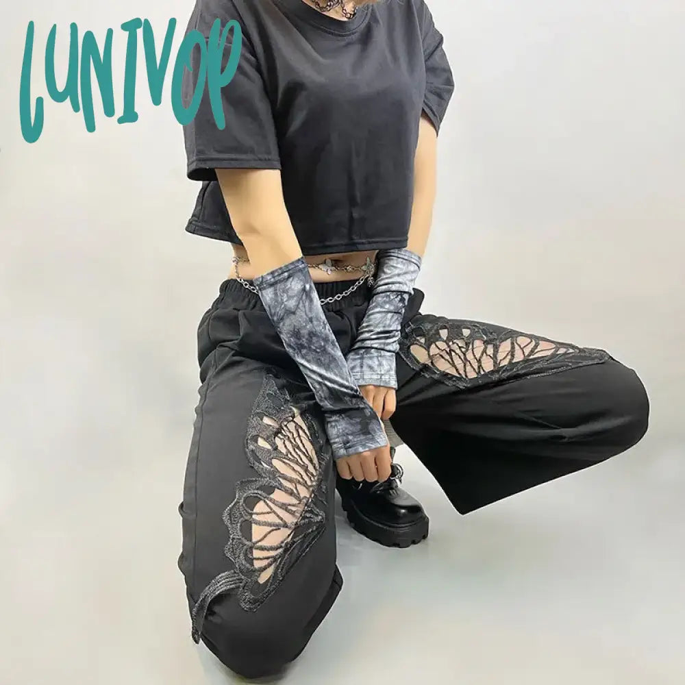 Lunivop Harajuku Lace Butterfly Crop Tshirts Women Vintage Streetwear Sexy Black Mesh Tops