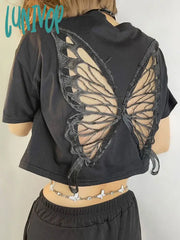 Lunivop Harajuku Lace Butterfly Crop Tshirts Women Vintage Streetwear Sexy Black Mesh Tops