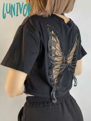 Lunivop Harajuku Lace Butterfly Crop Tshirts Women Vintage Streetwear Sexy Black Mesh Tops