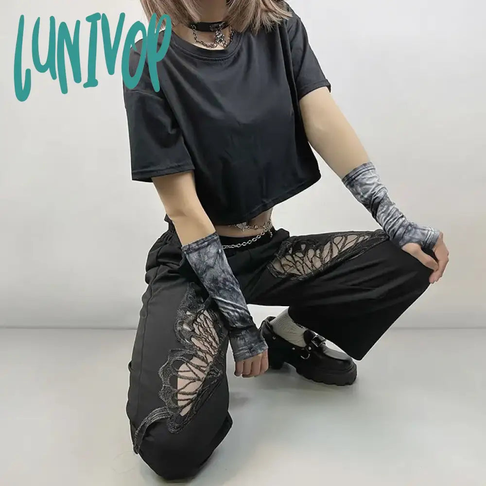 Lunivop Harajuku Lace Butterfly Crop Tshirts Women Vintage Streetwear Sexy Black Mesh Tops