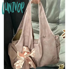 Lunivop Harajuku Large Capacity Tote Bag Women Fairycore Aesthetic Bow Chic Grey Handbag Female