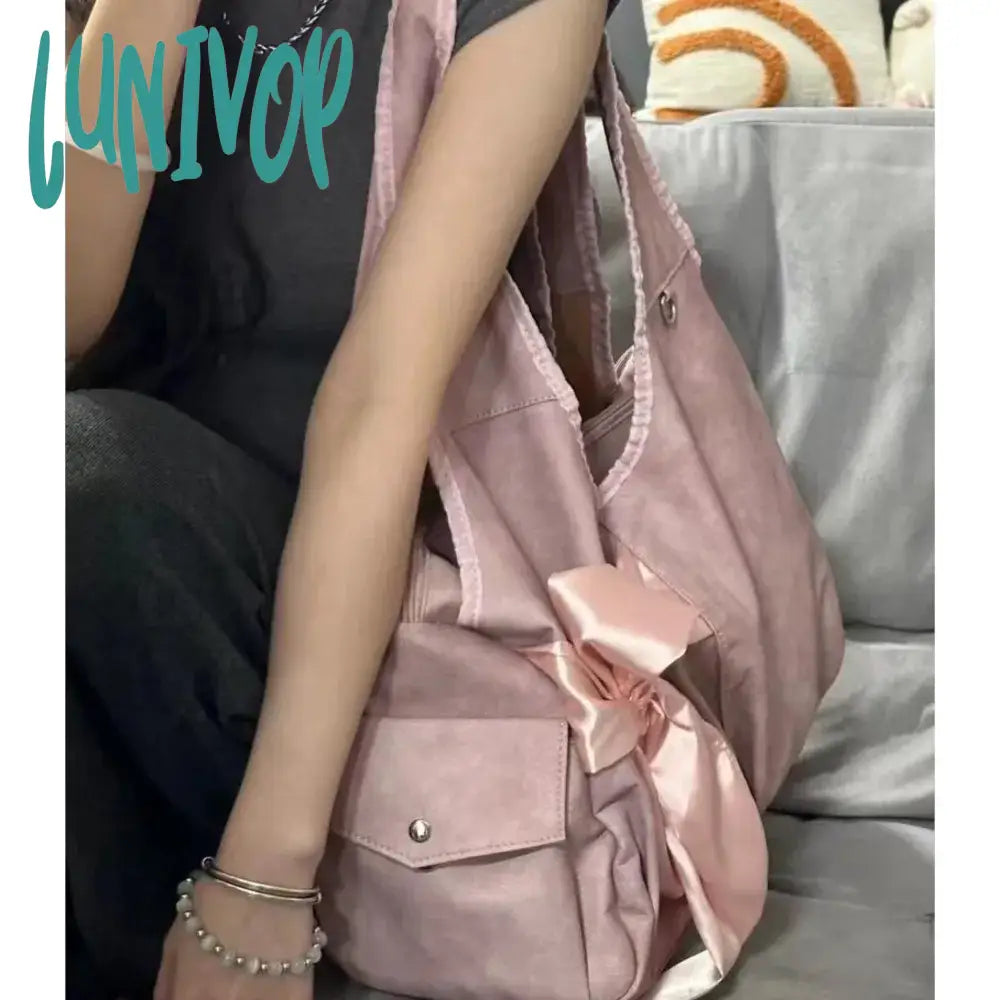 Lunivop Harajuku Large Capacity Tote Bag Women Fairycore Aesthetic Bow Chic Grey Handbag Female