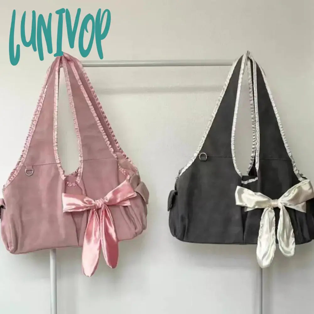 Lunivop Harajuku Large Capacity Tote Bag Women Fairycore Aesthetic Bow Chic Grey Handbag Female