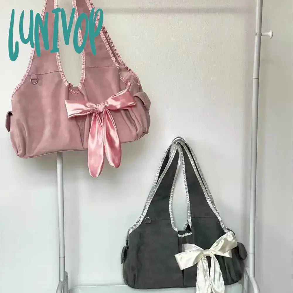 Lunivop Harajuku Large Capacity Tote Bag Women Fairycore Aesthetic Bow Chic Grey Handbag Female