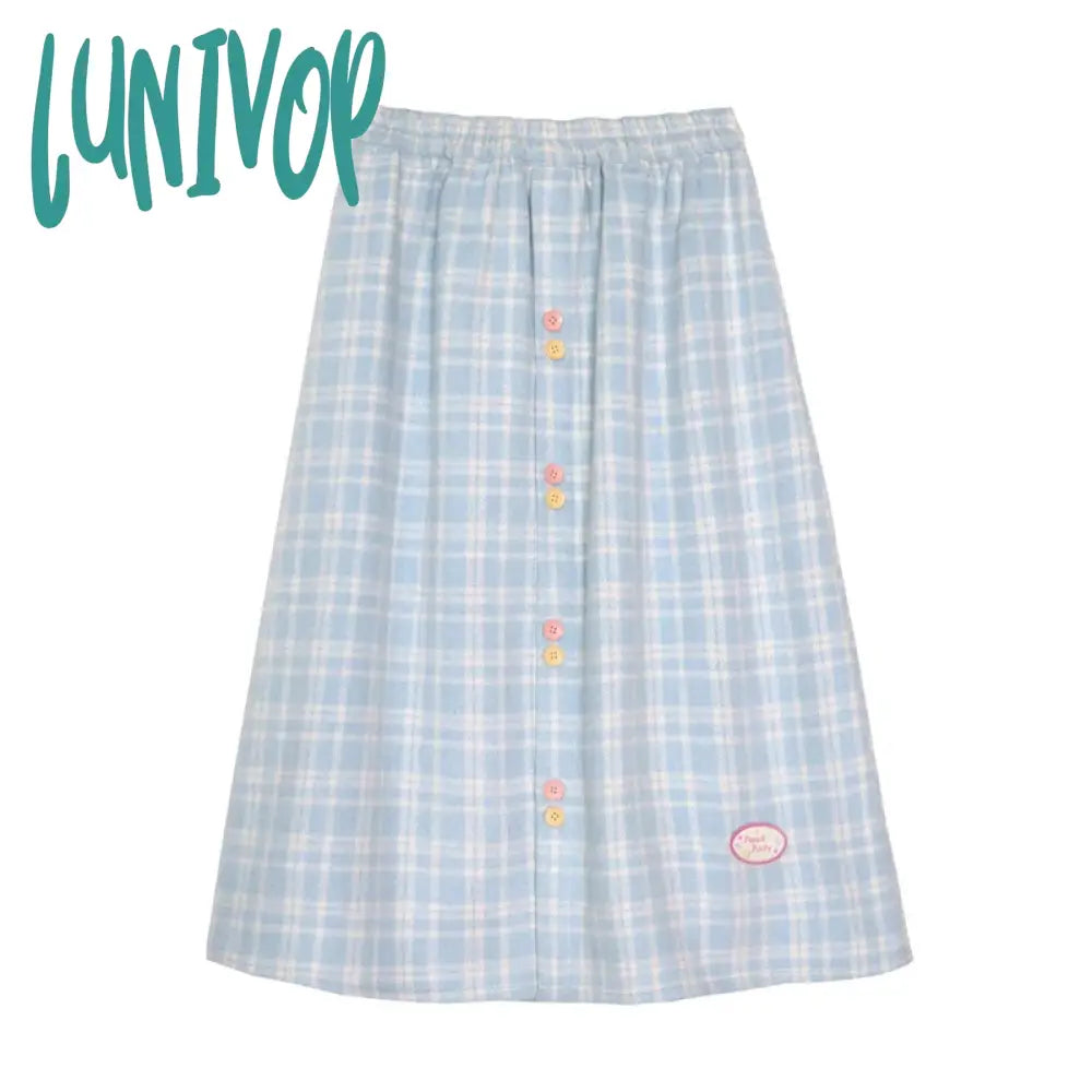 Lunivop Harajuku Plaid Woolen Midi Skirts Women Japanese Kawaii Knitted Skirt Winter Korean Cute