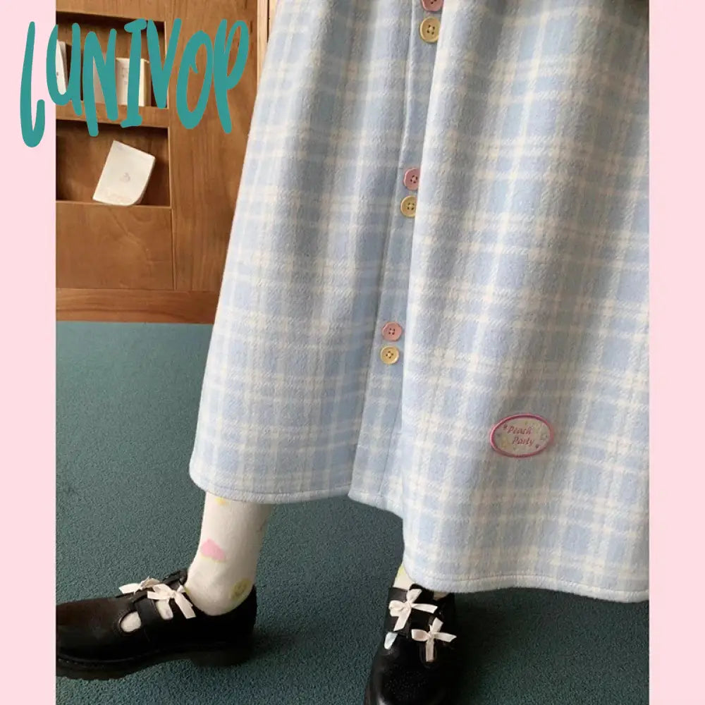Lunivop Harajuku Plaid Woolen Midi Skirts Women Japanese Kawaii Knitted Skirt Winter Korean Cute
