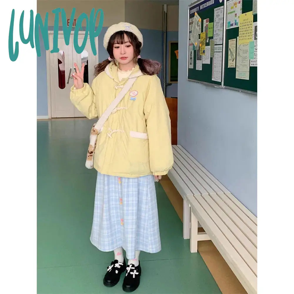 Lunivop Harajuku Plaid Woolen Midi Skirts Women Japanese Kawaii Knitted Skirt Winter Korean Cute
