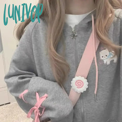 Lunivop Harajuku Sweet Cat Ears Hoodie Sweatshirts 2024 Autumn New Thicked Warm Cardigans Y2K