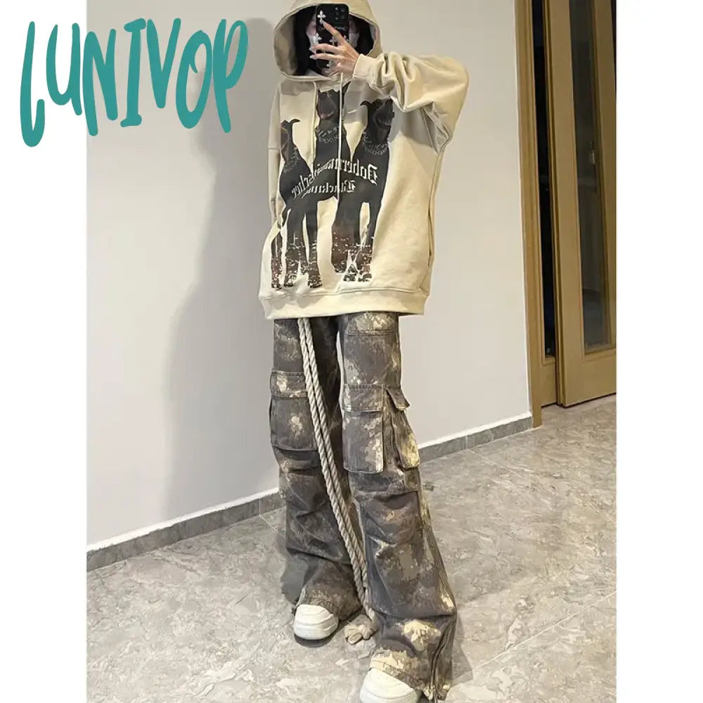 Lunivop Harajuku Vintage High Waist Loose Jeans Printting Pants 2024 Spring Women’s Y2K Wide Leg