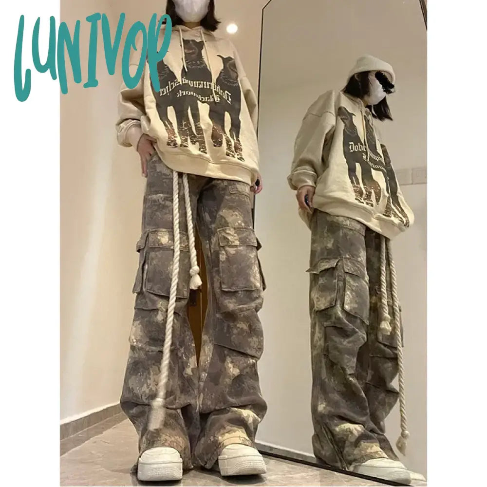 Lunivop Harajuku Vintage High Waist Loose Jeans Printting Pants 2024 Spring Women’s Y2K Wide Leg