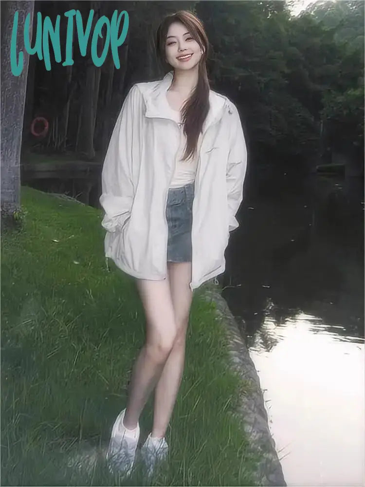 Lunivop Harajuku Windbreakers Jacket Women Oversize Zipper Hooded Summer Track Jackets Outdoor