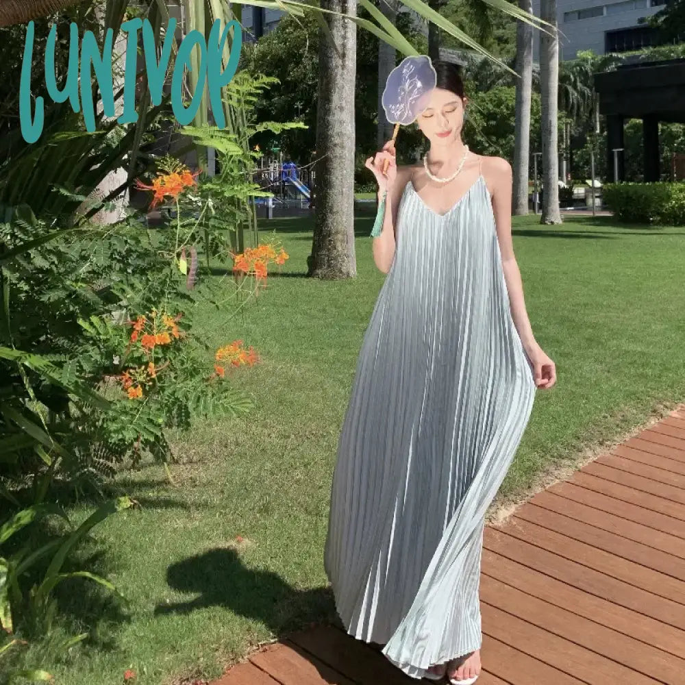 Lunivop Hawaiian Pleated Draped Women Clothing Grunge Long Summer Strappy Loose Daring Midi Korean