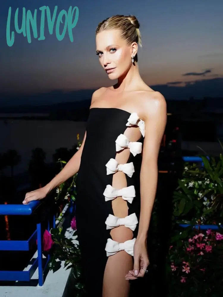 Lunivop High Quality Women Elegant Luxury Sexy Strapless Backless Bow Black Long Bandage Dress