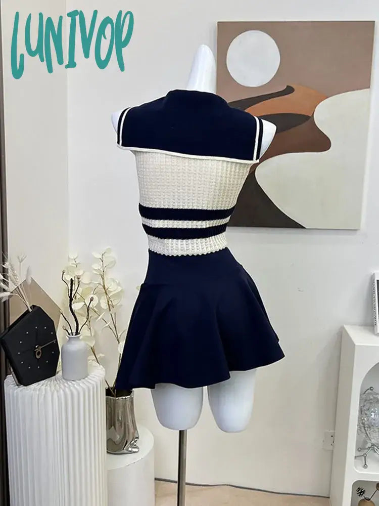 Lunivop High Street Fashion 2 Piece Skirt Set Gyaru Sailor Collar Striped Shirts Sleeveless Cozy +