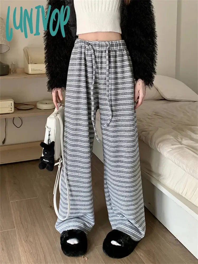 Lunivop High Street Trousers Women All Match Winter Knitted Warm Straight Office Lady Chic Loose