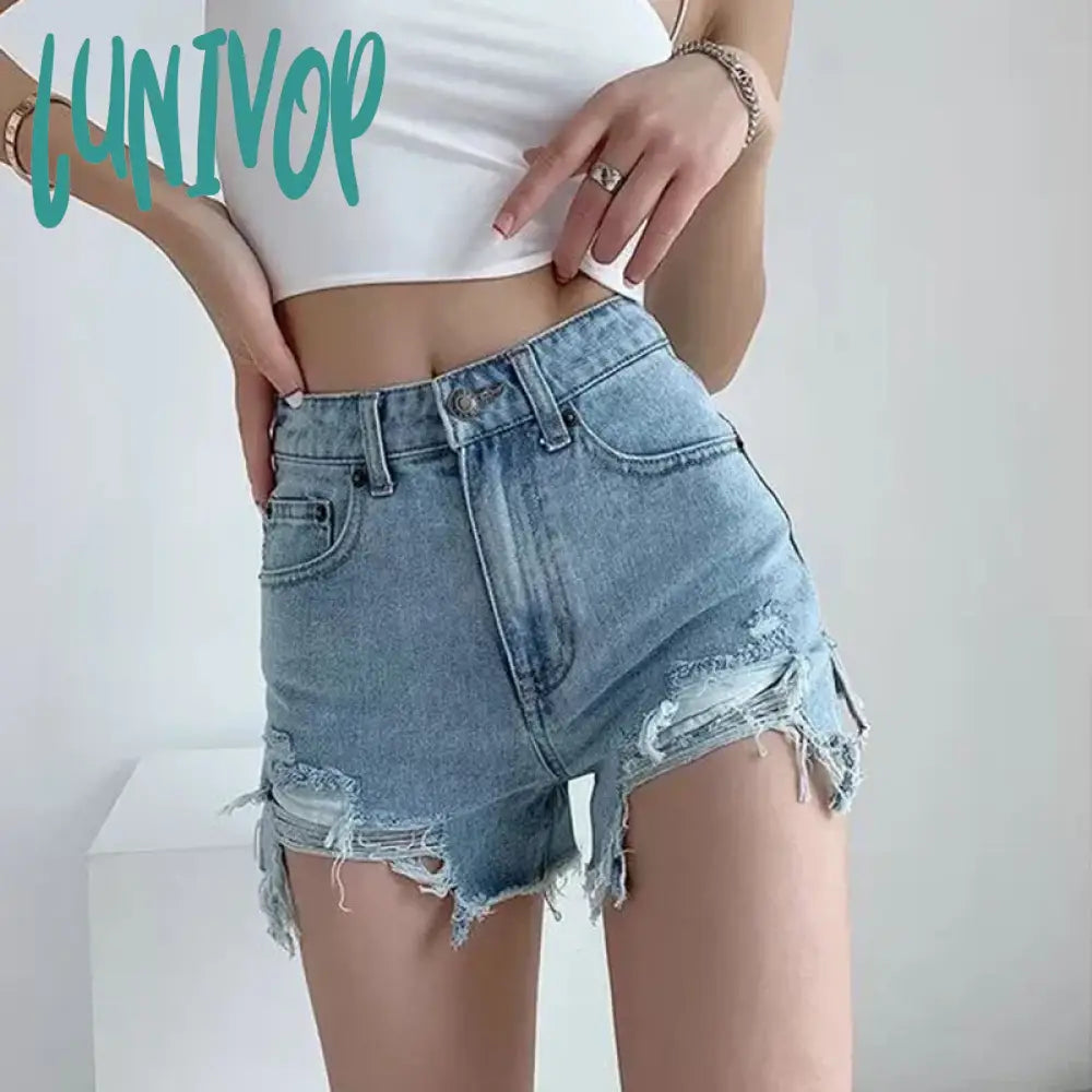 Lunivop High Waist Denim Shorts Women Sexy Hole Frayed Slit Jeans Summer Fashion Streetwear