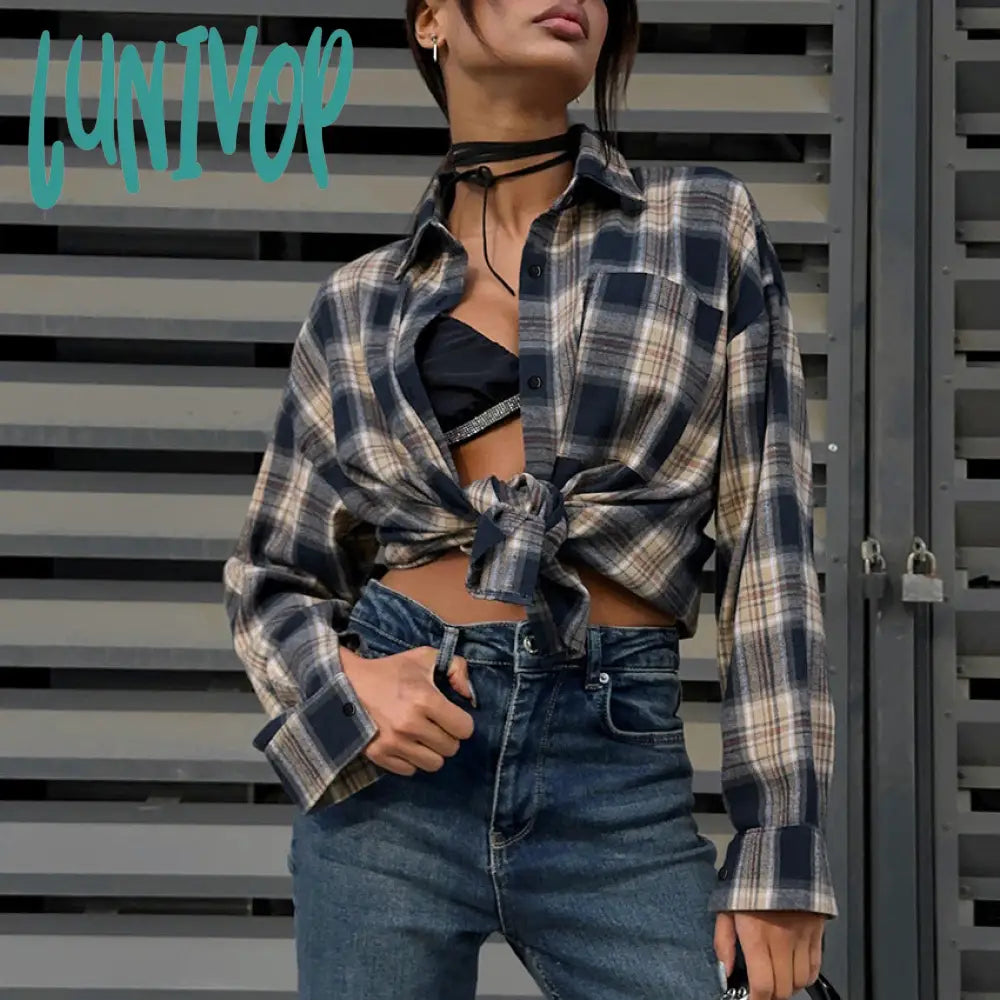 hipster Casual Contrast Color Plaid Shirt Women's 2024 Autumn Oversize Loose Mid-Length Cardigan Shirt