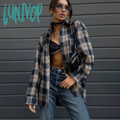 hipster Casual Contrast Color Plaid Shirt Women's 2024 Autumn Oversize Loose Mid-Length Cardigan Shirt