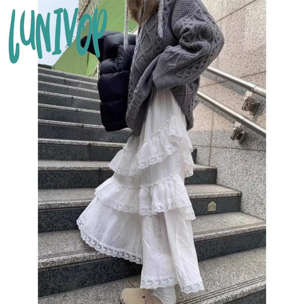 hipster dress to impress Sweet White Lace Stitching Skirt for Women Spring New Fashion Niche Chic Long Skirt