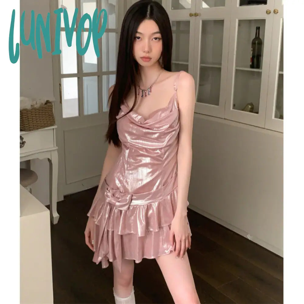 hoco dresses 2024 Early Spring Irregular Ruffled Birthday Princess Dress Bow Slimming Pink Sling Dress